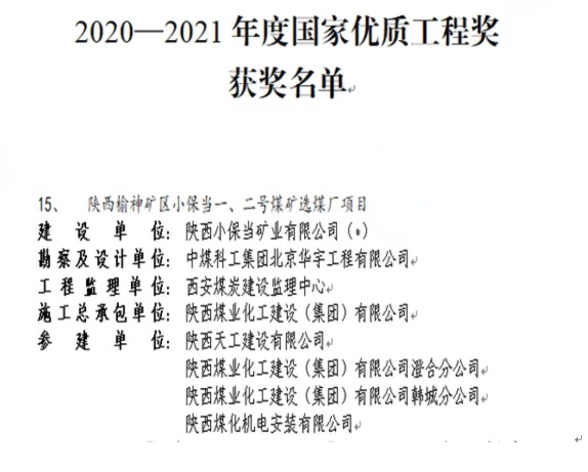 喜訊！陜煤建設(shè)一項工程斬獲國家優(yōu)質(zhì)工程獎